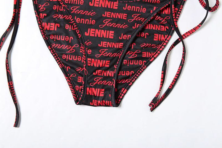 Halter self tie v neck letter print bikini swimwear