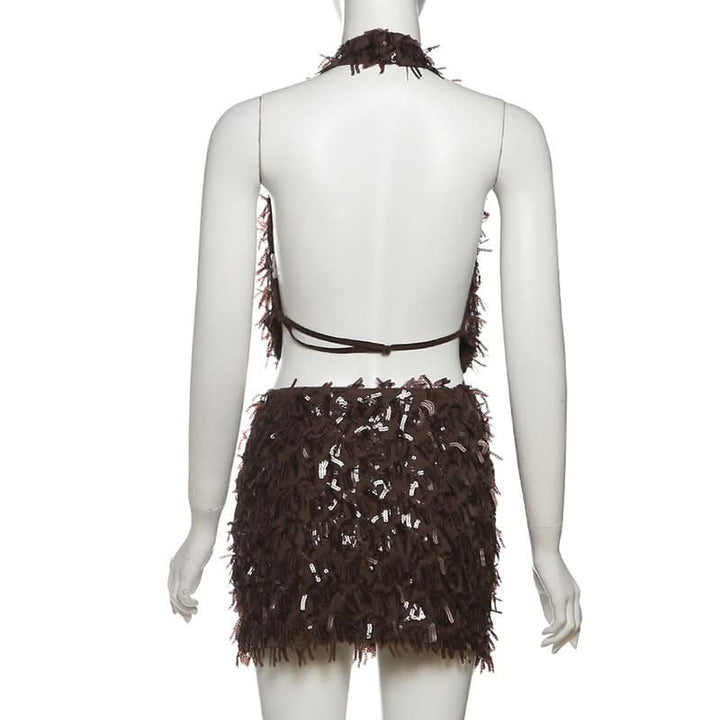 Glitter cowl neck halter backless mini skirt set  | Festival Outfits Women