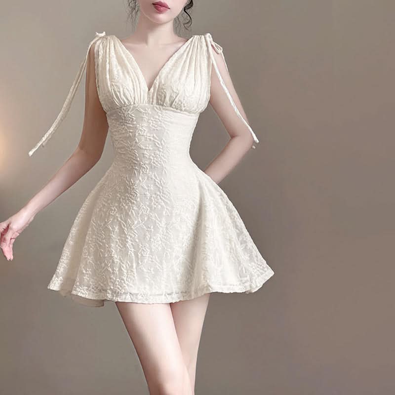 Self tie v neck lace solid mini dress  | Festival Outfits Women