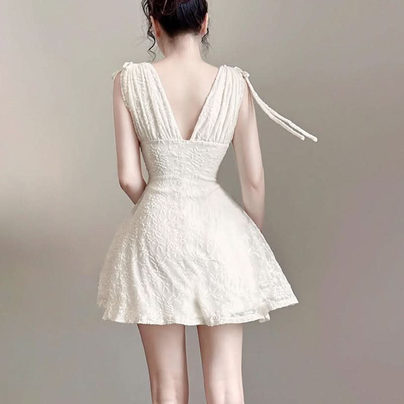 Self tie v neck lace solid mini dress  | Festival Outfits Women