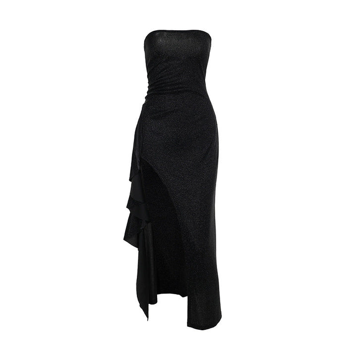 Glitter high slit ruffle tube maxi dress  | Festival Outfits Women