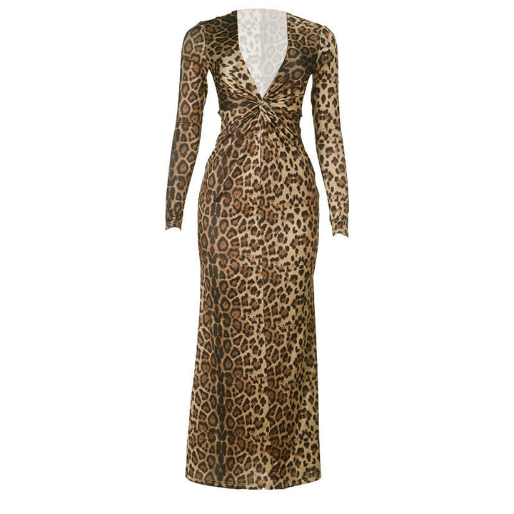 Leopard print v neck long sleeve maxi dress  | Festival Outfits Women