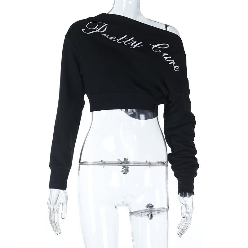 One shoulder letter print long sleeve top  | Festival Outfits Women