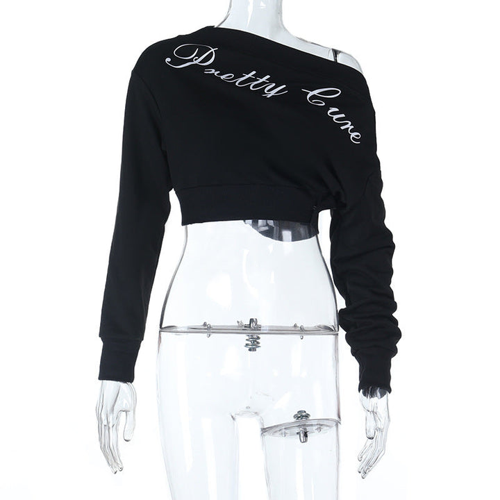 One shoulder letter print long sleeve top  | Festival Outfits Women