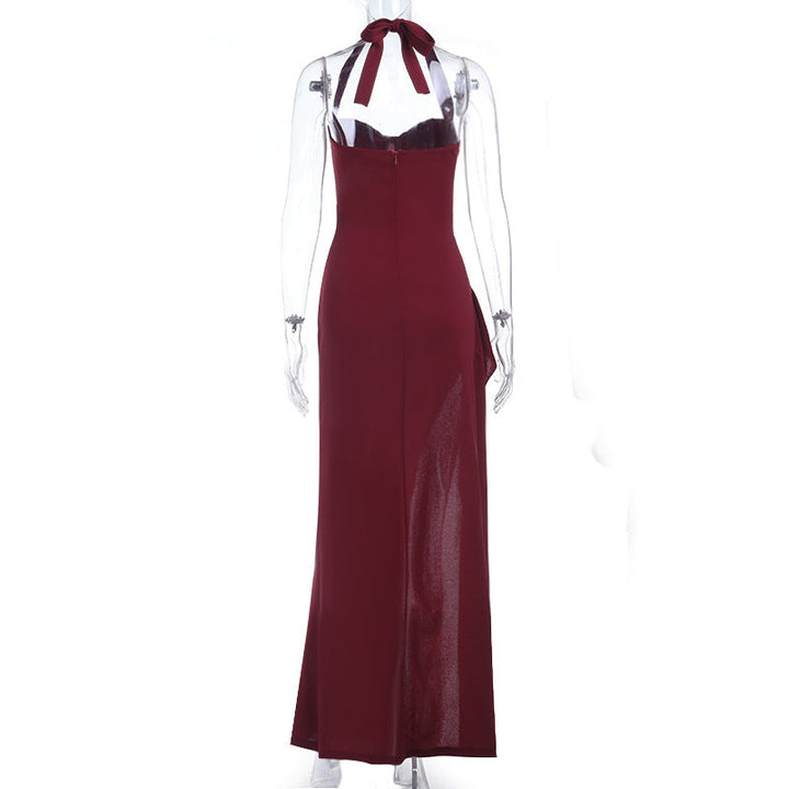Halter high slit ruched solid maxi dress  | Festival Outfits Women