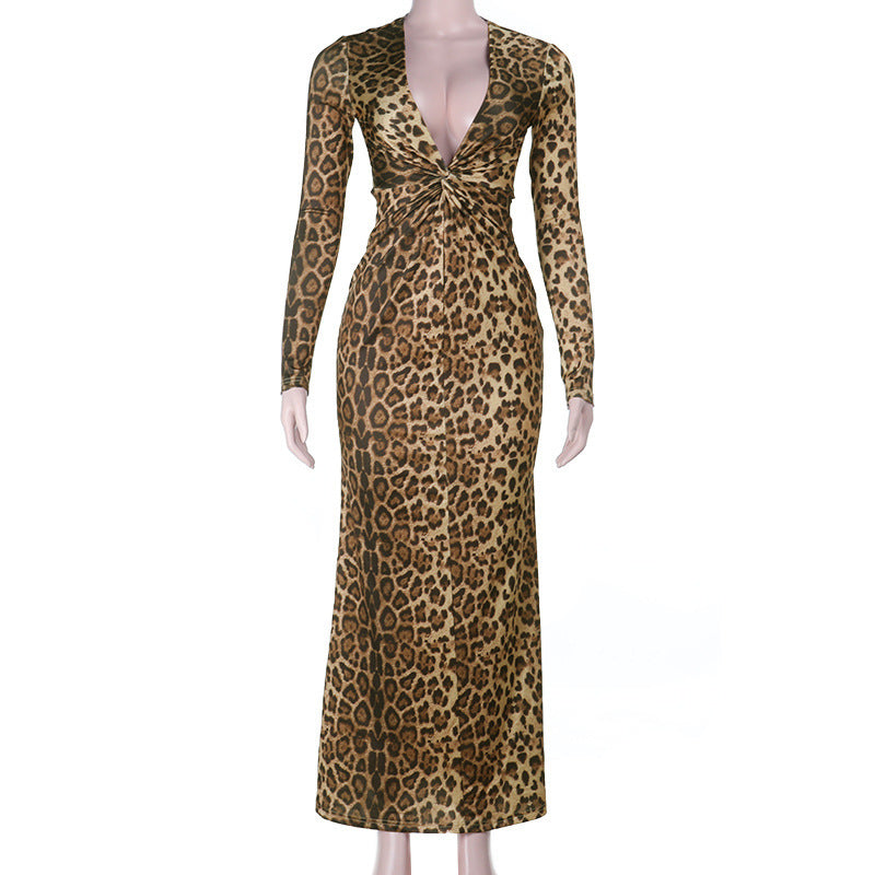 Leopard print v neck long sleeve maxi dress  | Festival Outfits Women