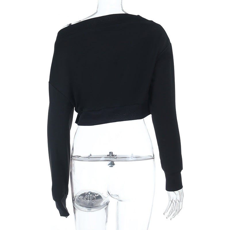 One shoulder letter print long sleeve top  | Festival Outfits Women