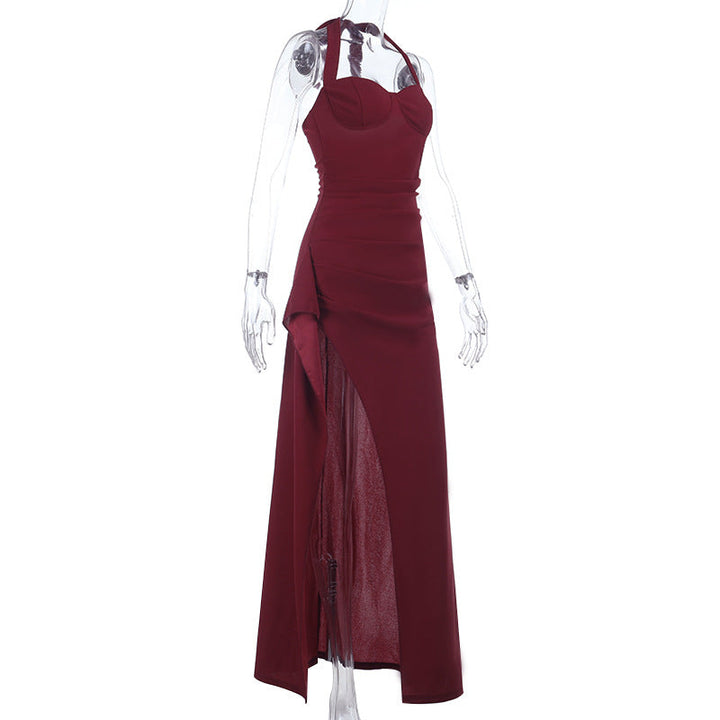 Halter high slit ruched solid maxi dress  | Festival Outfits Women