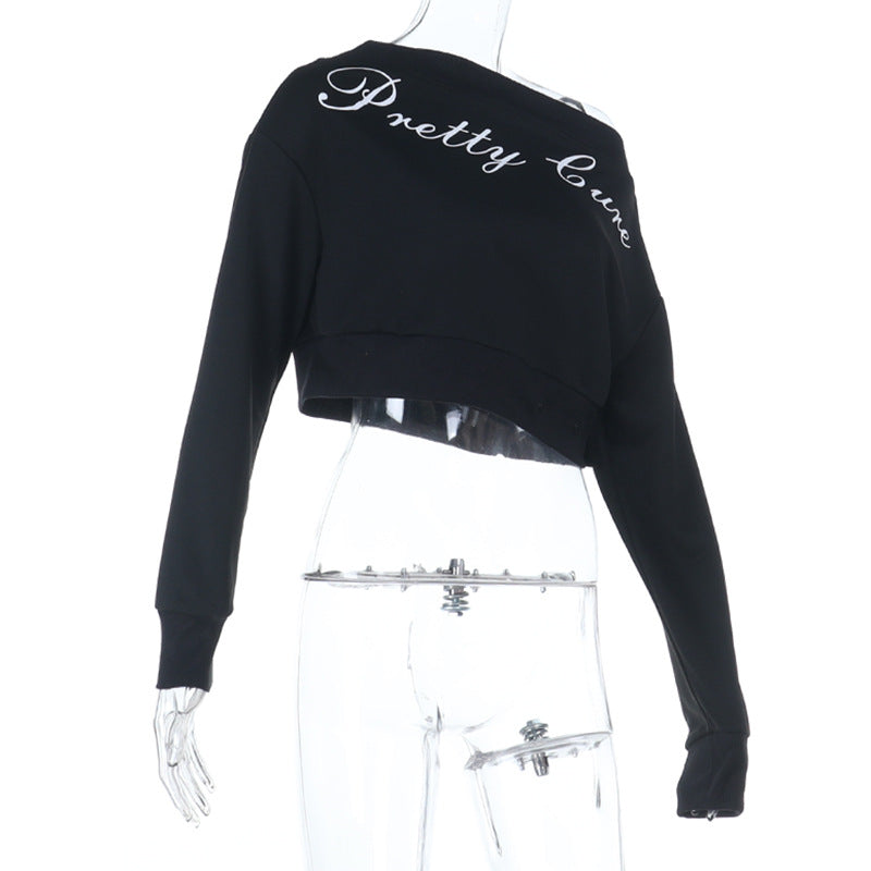 One shoulder letter print long sleeve top  | Festival Outfits Women