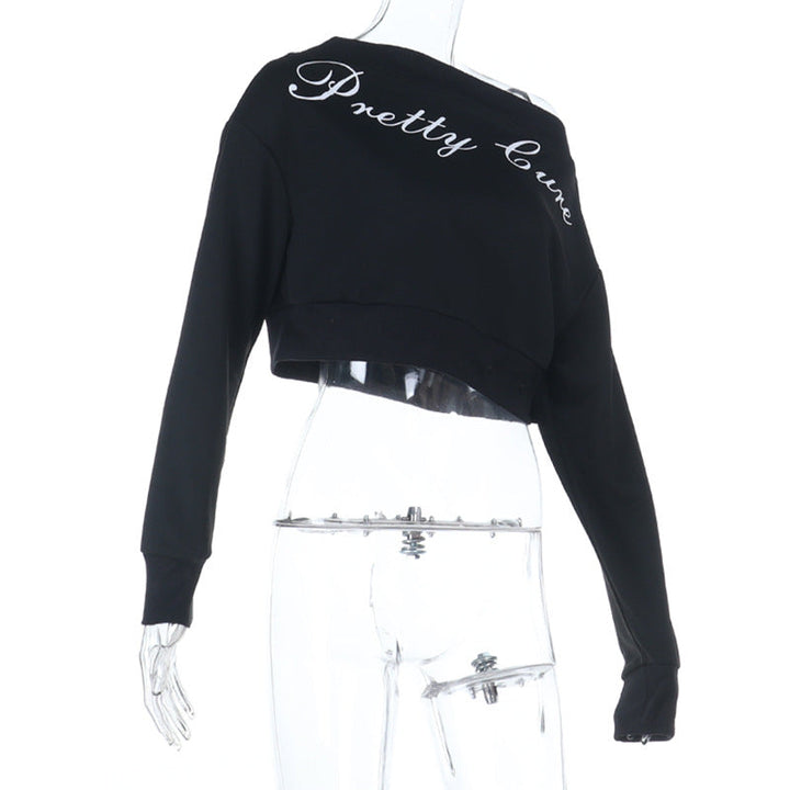 One shoulder letter print long sleeve top  | Festival Outfits Women