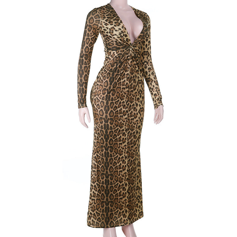 Leopard print v neck long sleeve maxi dress  | Festival Outfits Women