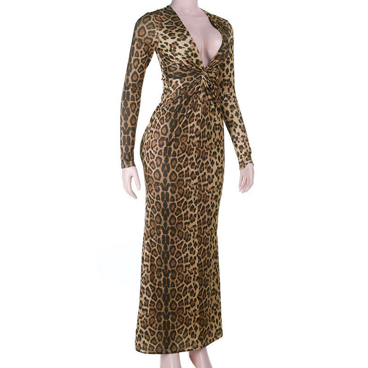 Leopard print v neck long sleeve maxi dress  | Festival Outfits Women