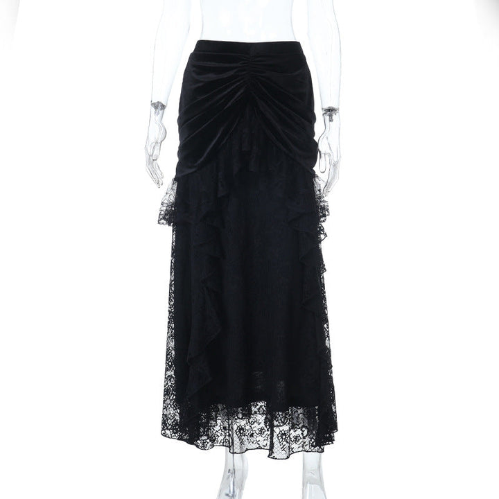 Ruched velvet patchwork lace maxi skirt  | Festival Outfits Women