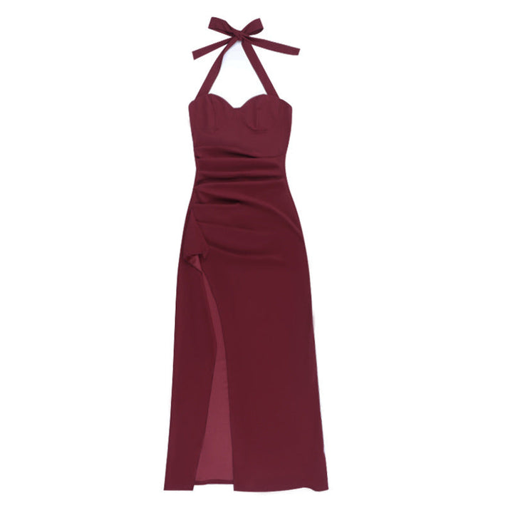 Halter high slit ruched solid maxi dress  | Festival Outfits Women