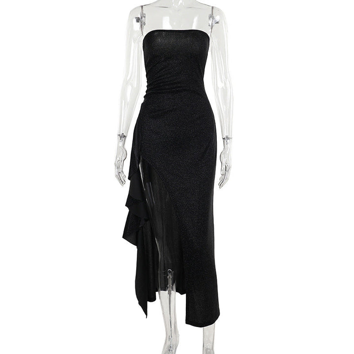 Glitter high slit ruffle tube maxi dress  | Festival Outfits Women