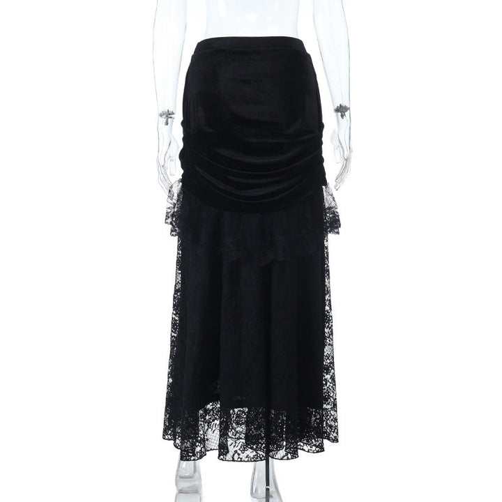 Ruched velvet patchwork lace maxi skirt  | Festival Outfits Women