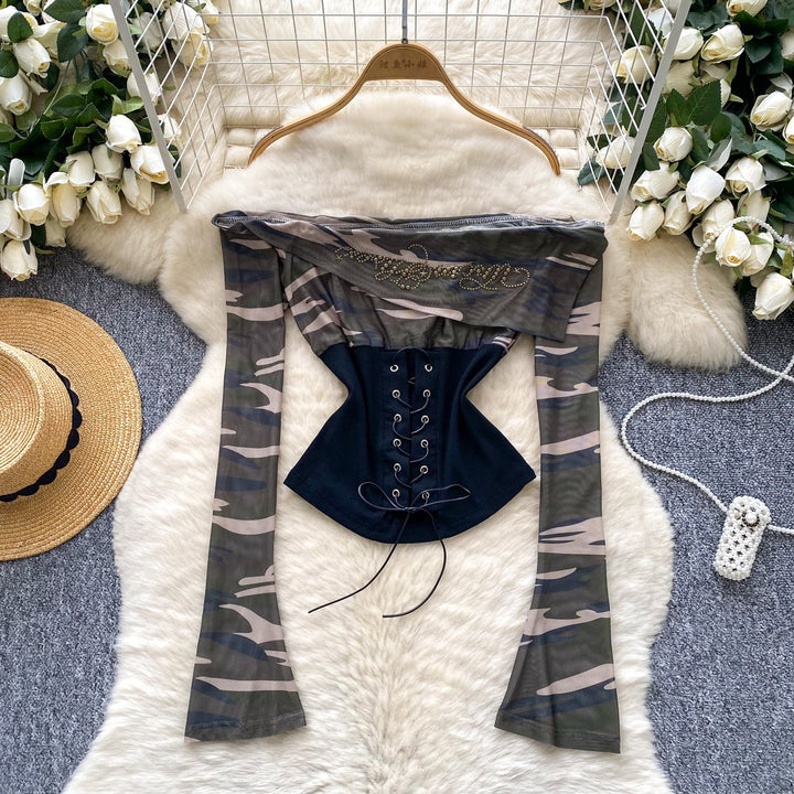 Long sleeve beaded lace up print top  | Festival Outfits Women