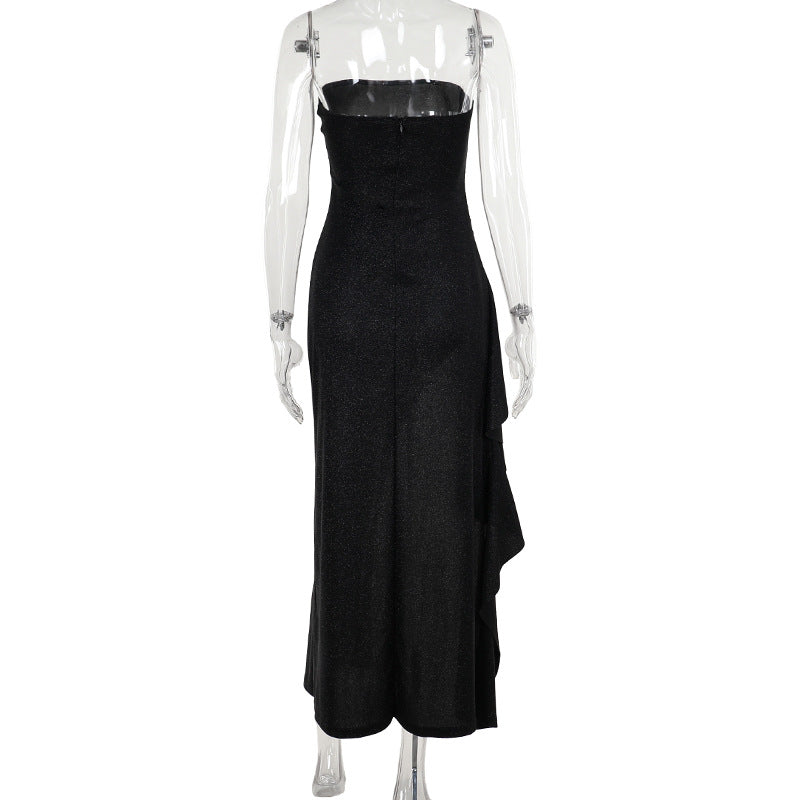 Glitter high slit ruffle tube maxi dress  | Festival Outfits Women