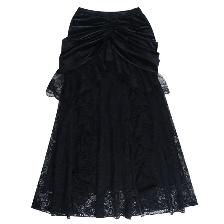Ruched velvet patchwork lace maxi skirt  | Festival Outfits Women