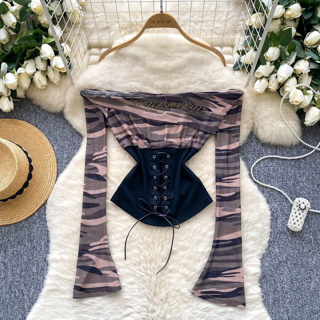 Long sleeve beaded lace up print top  | Festival Outfits Women