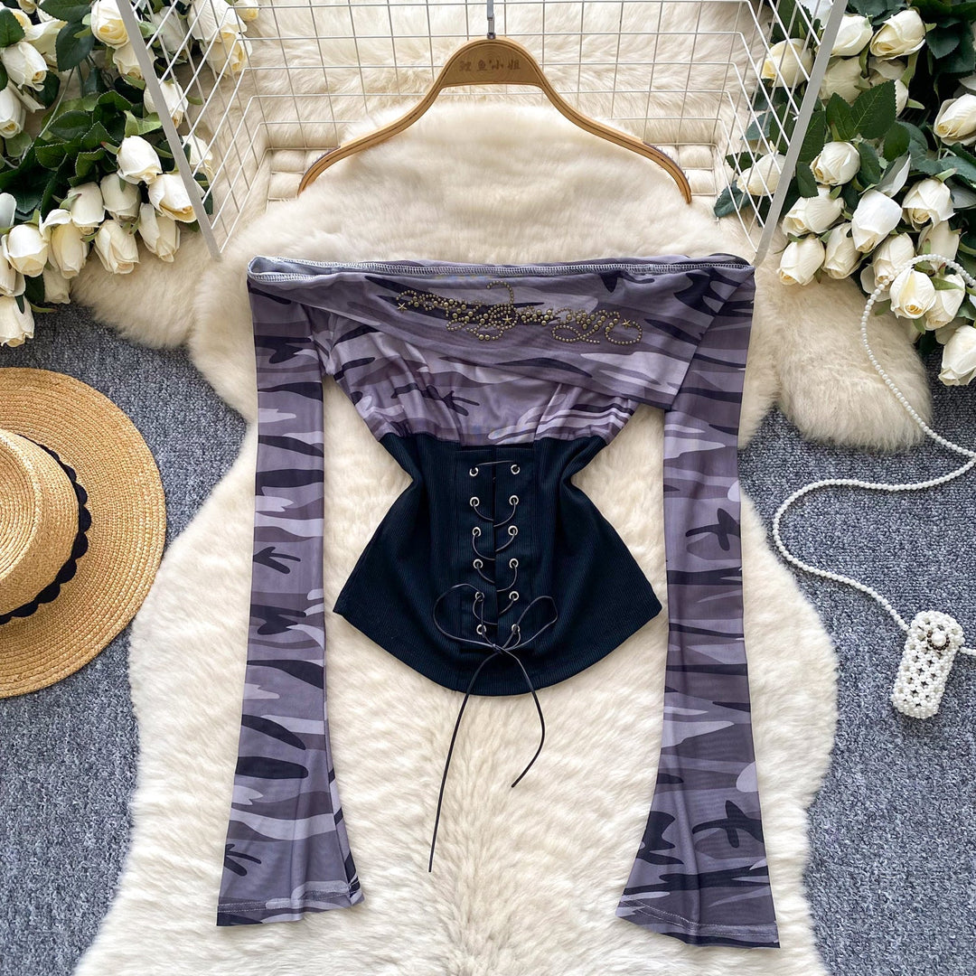 Long sleeve beaded lace up print top  | Festival Outfits Women