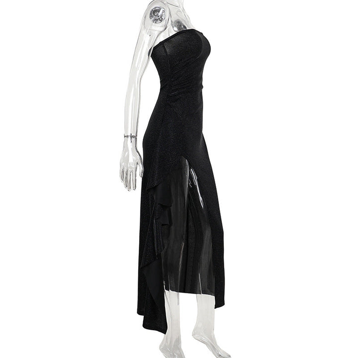 Glitter high slit ruffle tube maxi dress  | Festival Outfits Women