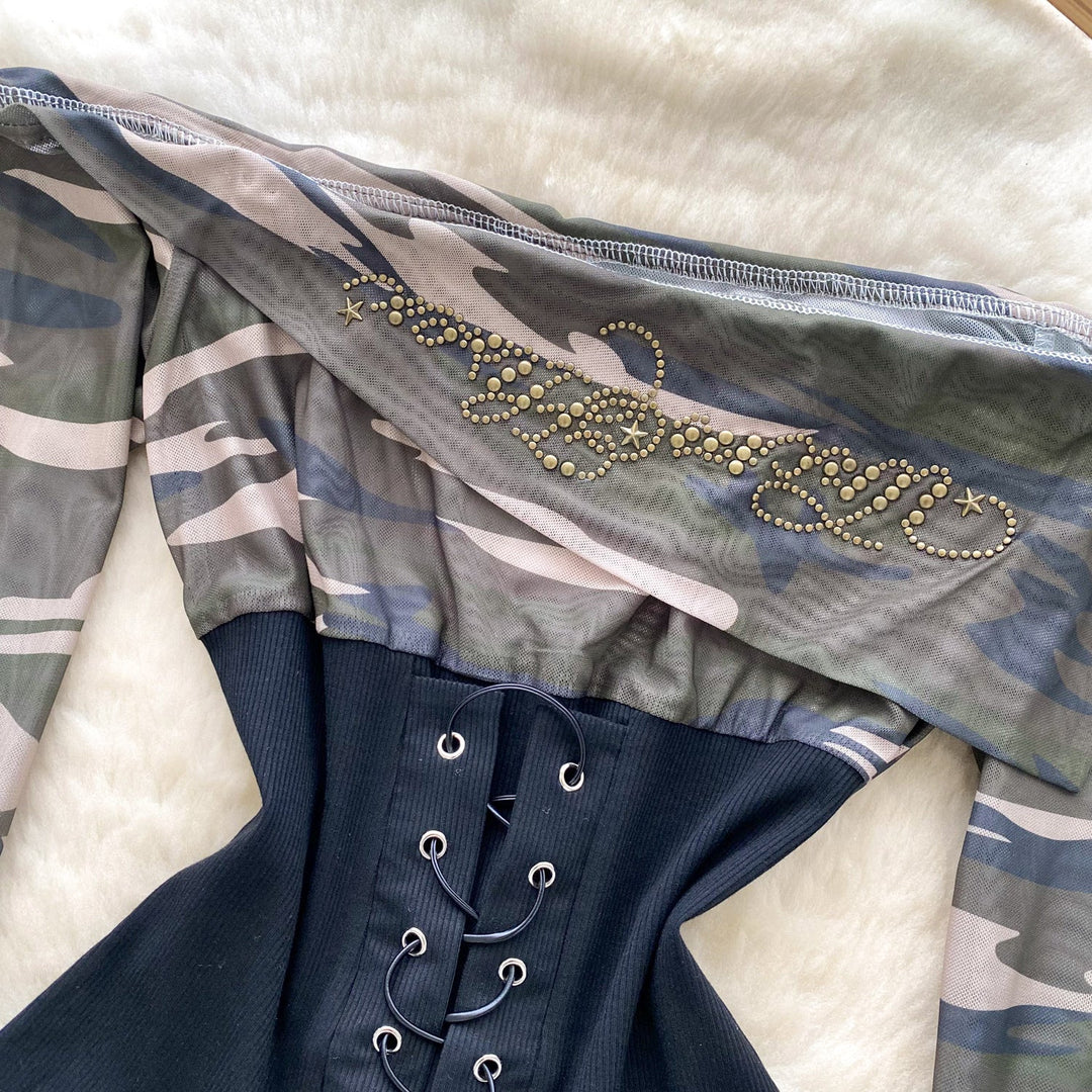Long sleeve beaded lace up print top  | Festival Outfits Women
