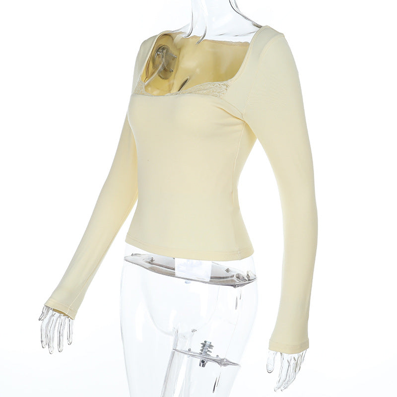 Lace hem long sleeve solid top  | Festival Outfits Women