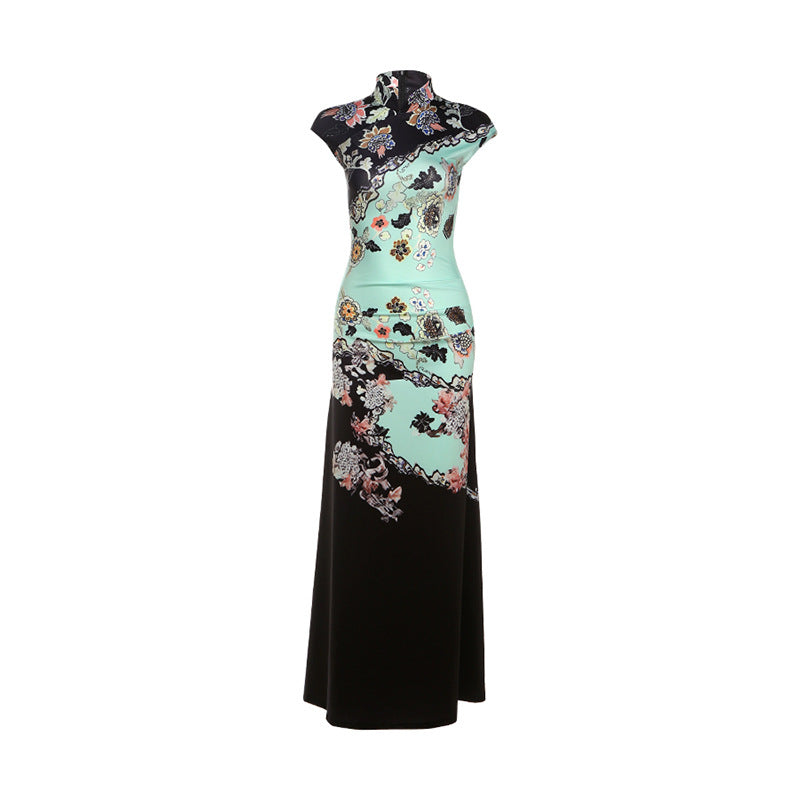 Cap sleeve flower print zip-up maxi dress  | Festival Outfits Women