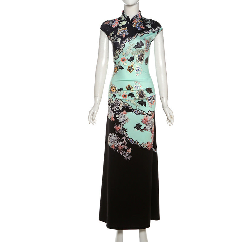 Cap sleeve flower print zip-up maxi dress  | Festival Outfits Women