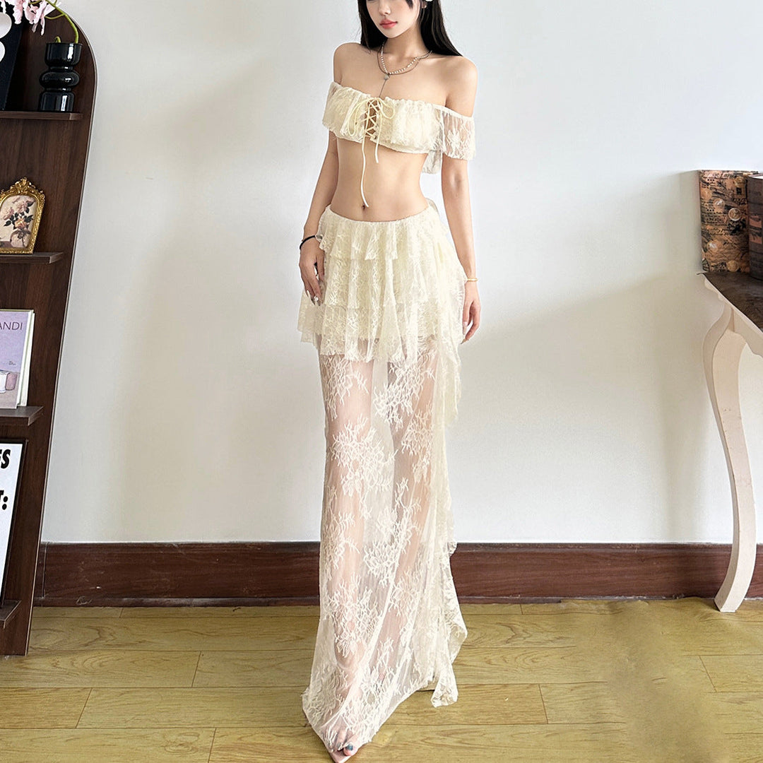 Lace ruffle irregular solid maxi dress  | Festival Outfits Women