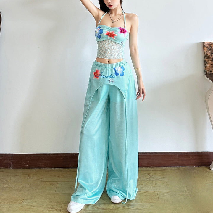 Hollow out flower print medium rise pant  | Festival Outfits Women