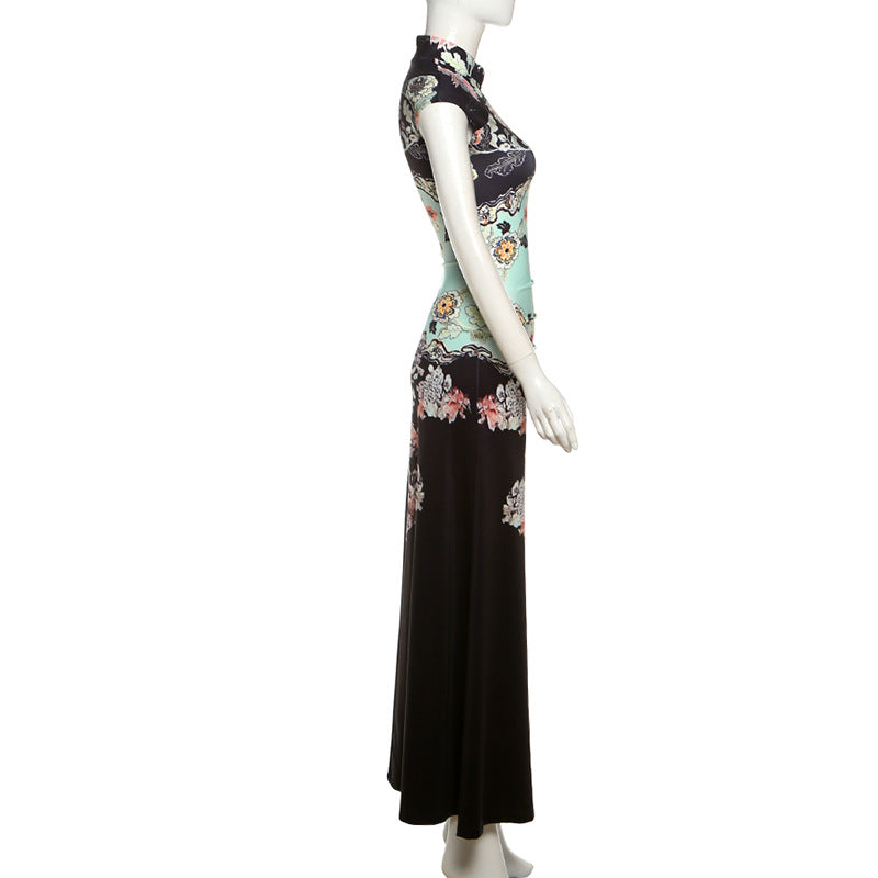 Cap sleeve flower print zip-up maxi dress  | Festival Outfits Women
