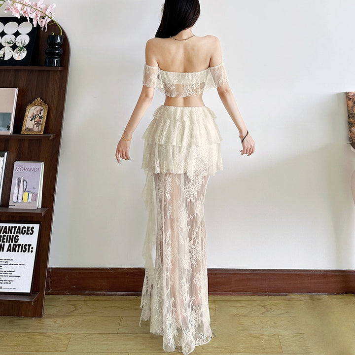 Lace ruffle irregular solid maxi dress  | Festival Outfits Women