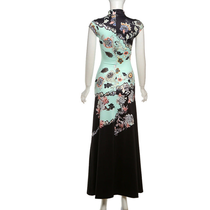 Cap sleeve flower print zip-up maxi dress  | Festival Outfits Women