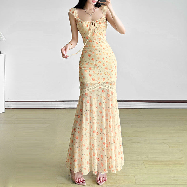 Mesh print ruched self tie lace hem maxi dress  | Festival Outfits Women