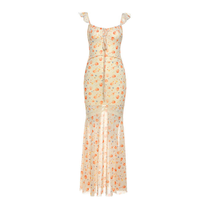 Mesh print ruched self tie lace hem maxi dress  | Festival Outfits Women
