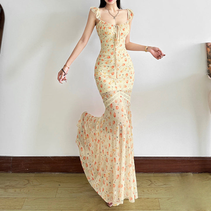 Mesh print ruched self tie lace hem maxi dress  | Festival Outfits Women
