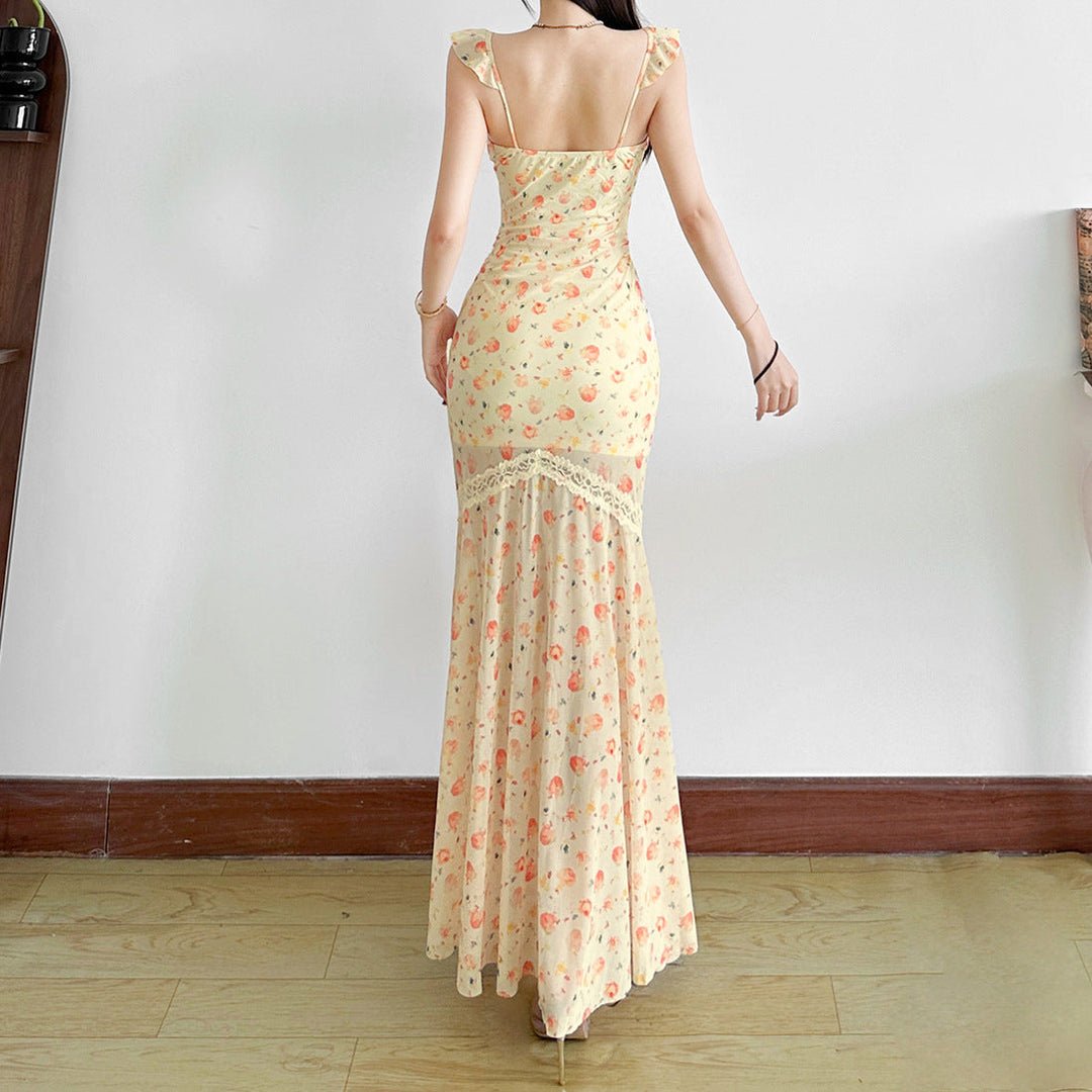 Mesh print ruched self tie lace hem maxi dress  | Festival Outfits Women
