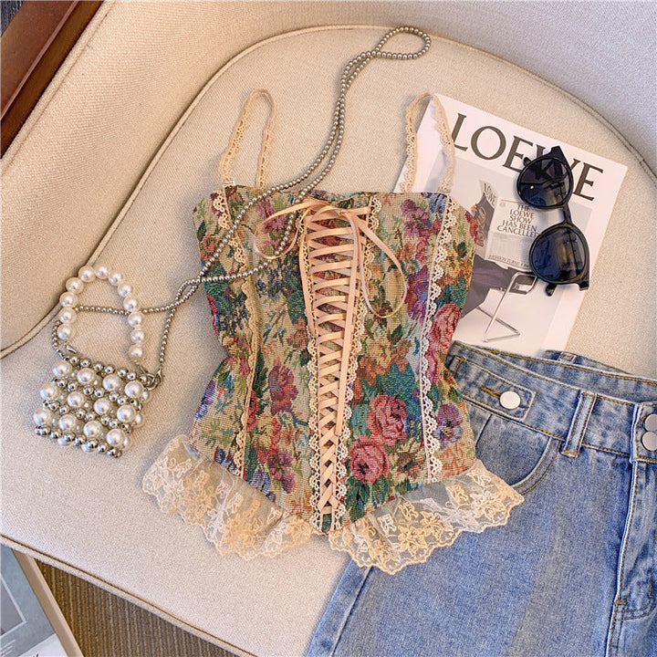 Lace up smocked lace hem flower pattern cami top  | Festival Outfits Women