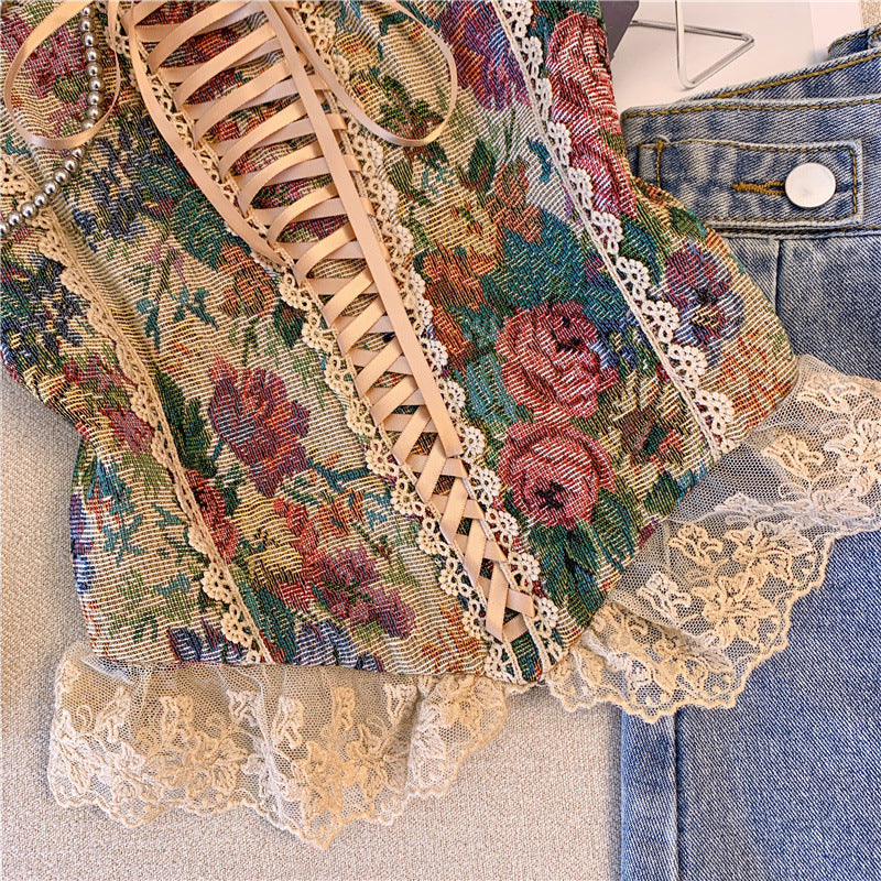 Lace up smocked lace hem flower pattern cami top  | Festival Outfits Women