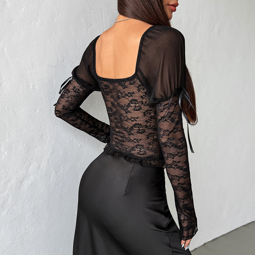 Off shoulder long sleeve lace hem ruffle corset top  | Festival Outfits Women