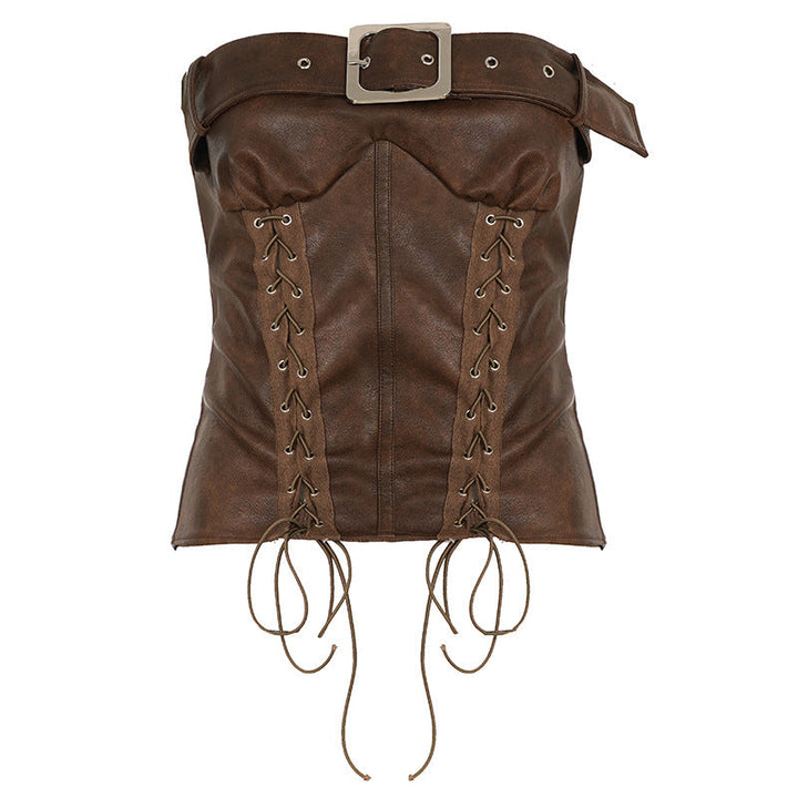 PU leather lace up buckle tube top  | Festival Outfits Women
