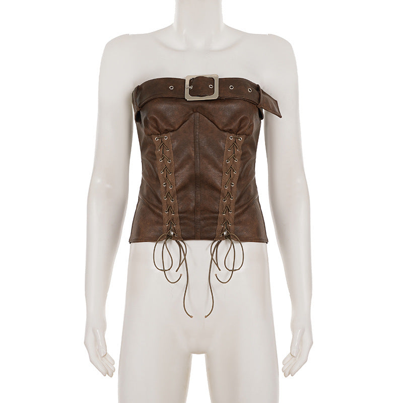 PU leather lace up buckle tube top  | Festival Outfits Women
