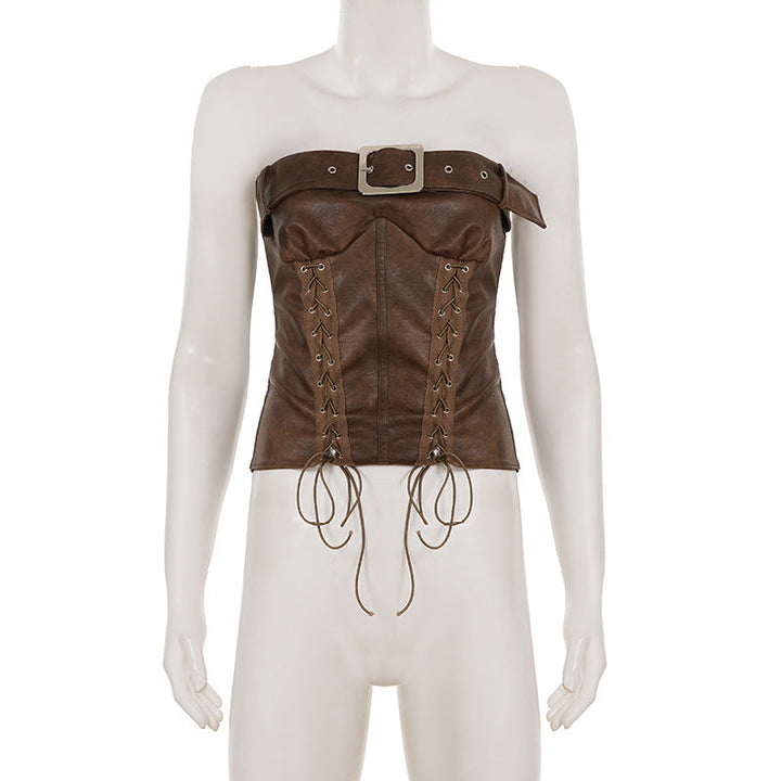 PU leather lace up buckle tube top  | Festival Outfits Women