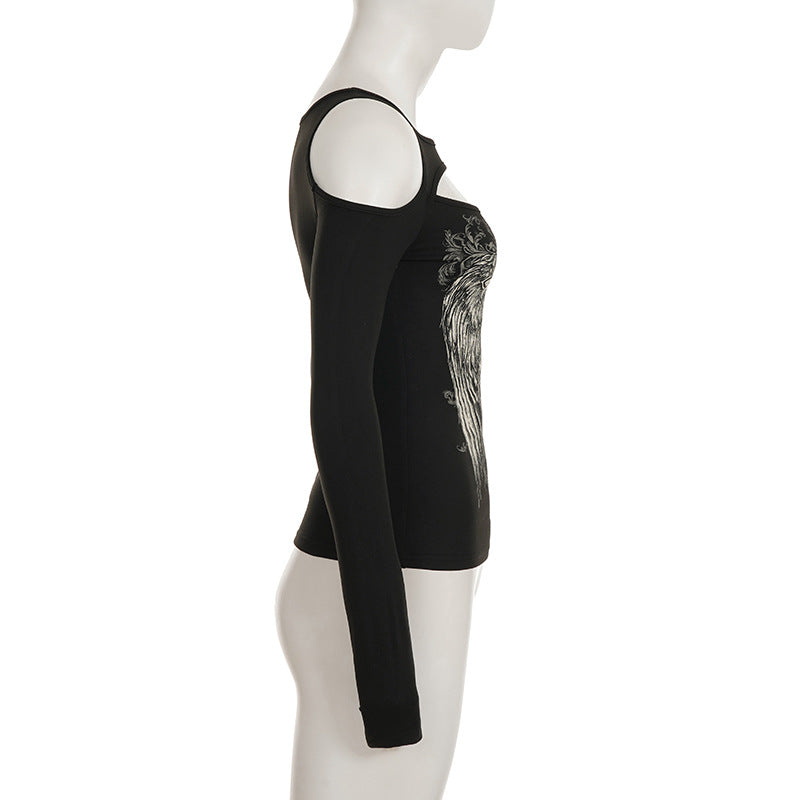 Off shoulder long sleeve abstract top  | Festival Outfits Women-final-sale