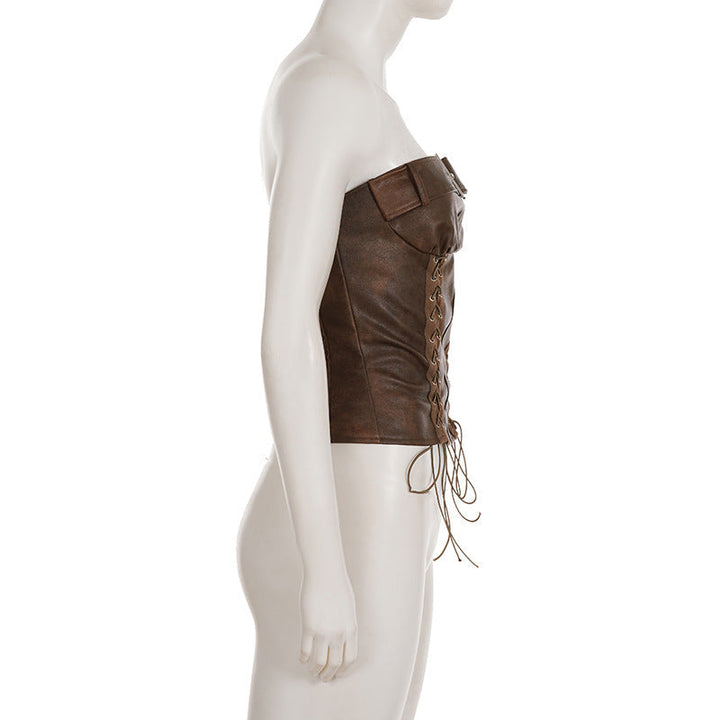 PU leather lace up buckle tube top  | Festival Outfits Women