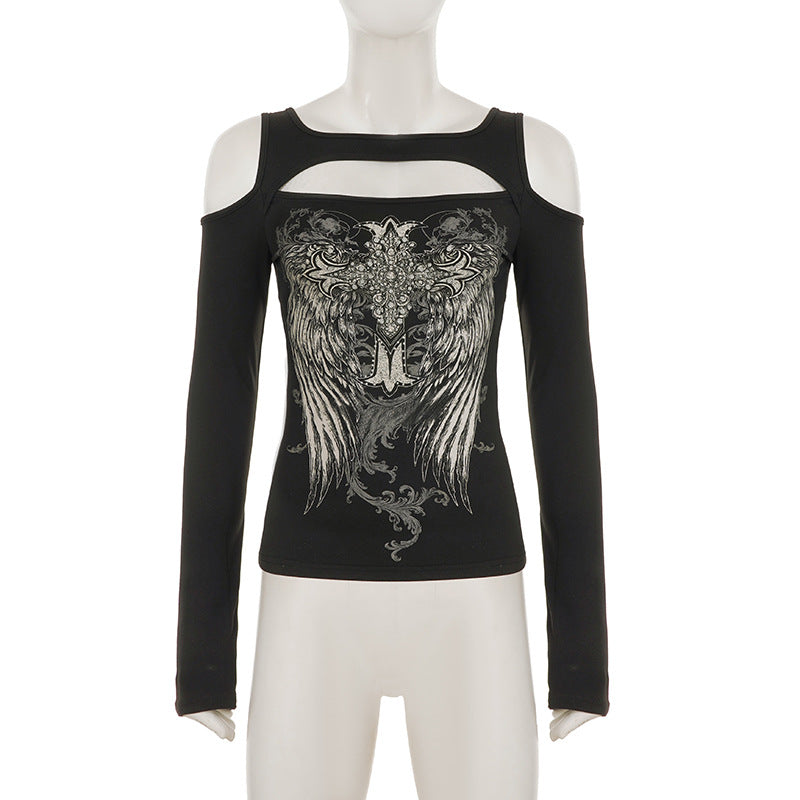 Off shoulder long sleeve abstract top  | Festival Outfits Women-final-sale