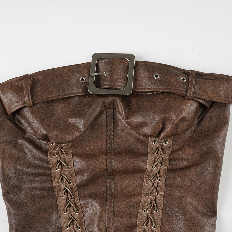PU leather lace up buckle tube top  | Festival Outfits Women