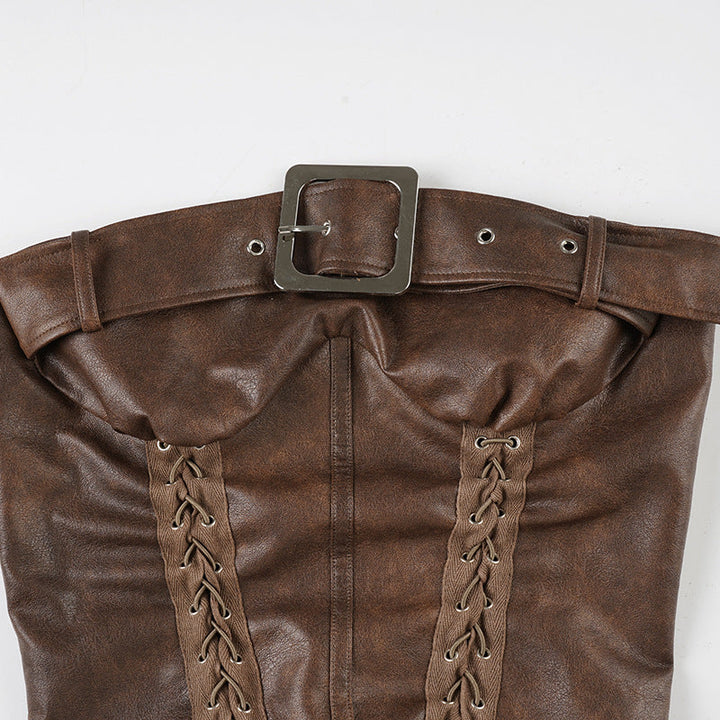 PU leather lace up buckle tube top  | Festival Outfits Women